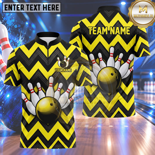 Maxcorners Bowling Chevron Zigzag Pattern Bowling Ball Crashing Pins Carbon Fiber Texture Multi Options Personalized Name, Team Name Unisex 3D Shirt (4 Colors)