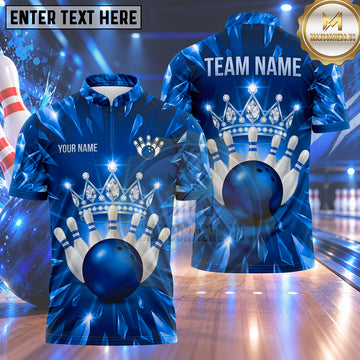 Maxcorners Bowling Diamond Crystal Pattern Royal Crown Bowling Ball Strike Crashing Pins Multi Options Personalized Name, Team Name Unisex 3D Shirt (4 Colors)
