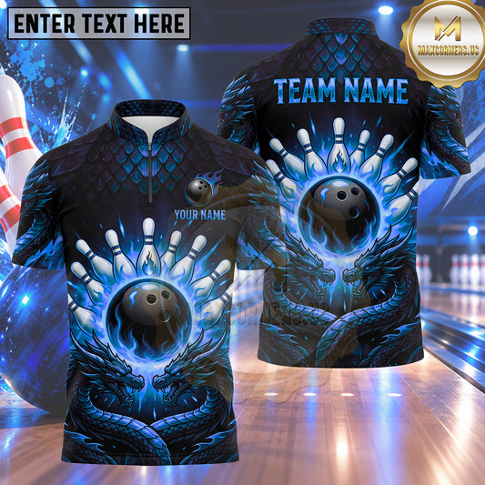 Maxcorners Bowling Twin Dragons Flame Bowling Ball Crashing Pins Dragon Scale Texture Multi Options Personalized Name, Team Name Unisex 3D Shirt (4 Colors)