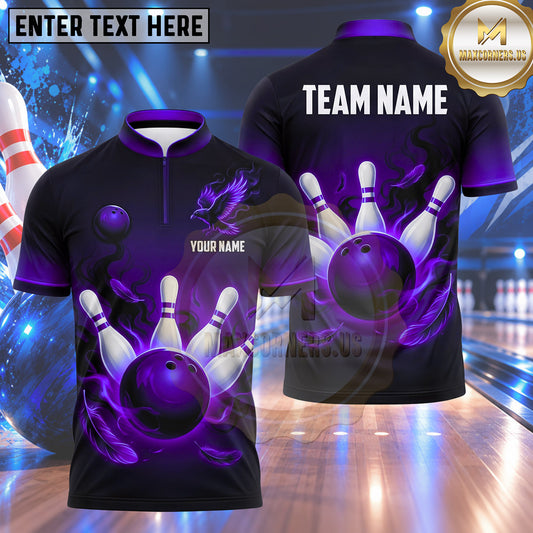 Maxcorners Bowling Flying Raven Crow Smoke Feathers Flame Bowling Ball Strike Crashing Pins Multi Options Personalized Name, Team Name Unisex 3D Shirt (4 Colors)
