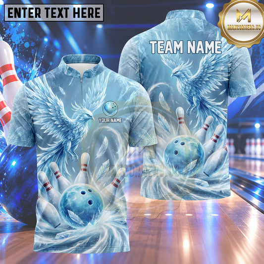 Maxcorners Bowling Ice Iceberg Phoenix Bird Feathers Vortex Bowling Ball Strike Crashing Pins Multi Options Personalized Name, Team Name Unisex 3D Shirt (4 Colors)