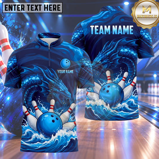 Maxcorners Bowling Sea Serpent Water Dragon Ocean Waves Water Splash Bowling Ball Strike Crashing Pins Multi Options Personalized Name, Team Name Unisex 3D Shirt (4 Colors)