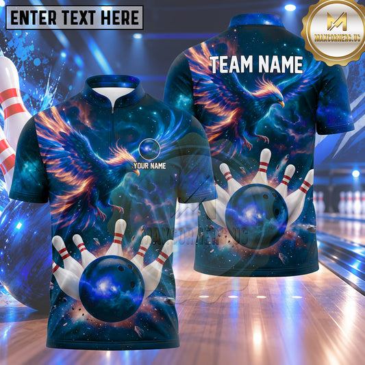 Maxcorners Bowling Fiery Phoenix Cosmic Galaxy Nebula Space Bowling Ball Strike Crashing Pins Multi Options Personalized Name, Team Name Unisex 3D Shirt (4 Colors)