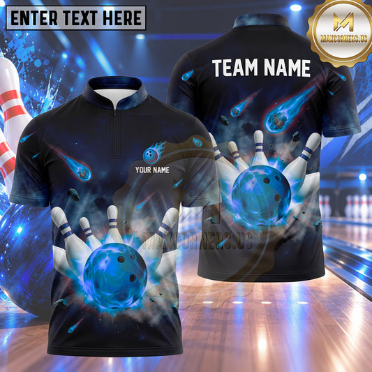 Maxcorners Bowling Meteor Shower Asteroids Flame Galaxy Cosmic Bowling Ball Strike Crashing Pins Multi Options Personalized Name, Team Name Unisex 3D Shirt (4 Colors)
