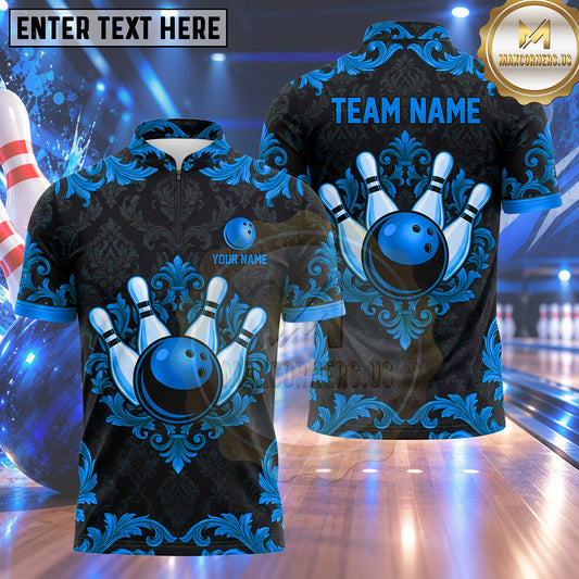 Maxcorners Bowling Vintage Baroque Damask Fleur De Lis Pattern Bowling Ball Strike Crashing Pins Multi Options Personalized Name, Team Name Unisex 3D Shirt (4 Colors)