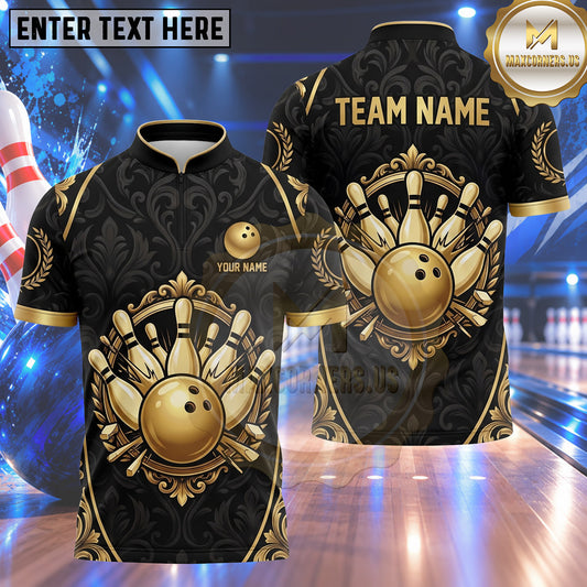 Maxcorners Bowling Vintage Ornament Shield Frame Damask Pattern Bowling Ball Strike Crashing Pins Multi Options Personalized Name, Team Name Unisex 3D Shirt (5 Colors)