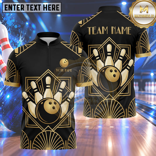 Maxcorners Bowling Art Deco Geometric Diamond Pattern Frame Bowling Ball Strike Crashing Pins Multi Options Personalized Name, Team Name Unisex 3D Shirt (5 Colors)