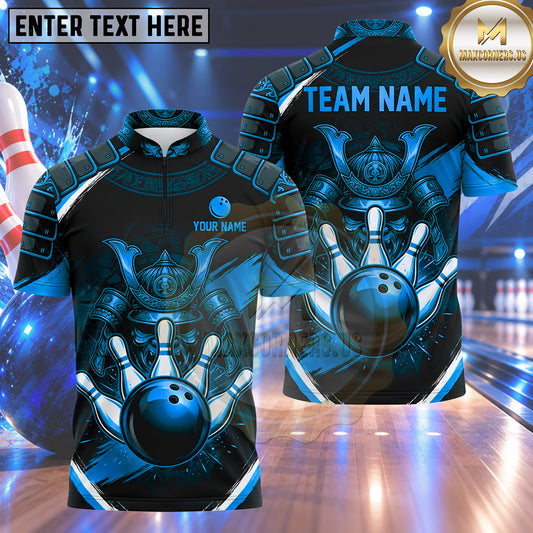 Maxcorners Bowling Japanese Samurai Warrior Armor Helmet Crest Bowling Ball Strike Crashing Pins Multi Options Personalized Name, Team Name Unisex 3D Shirt (5 Colors)