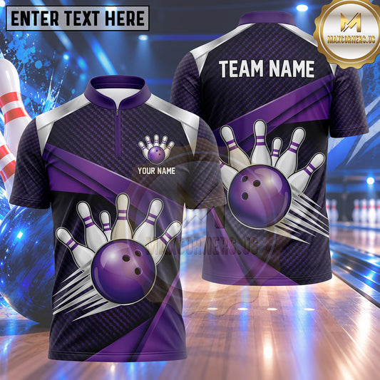 Maxcorners Bowling Fast Speed Motion Trail Bowling Ball Strike Crashing Pins Carbon Fiber Texture Multi Options Personalized Name, Team Name Unisex 3D Shirt (4 Colors)