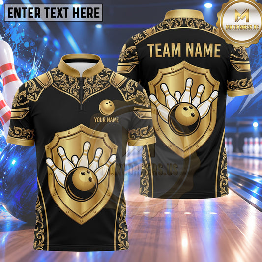 Maxcorners Bowling Medieval Knight Shield Filigree Damask Pattern Frame Bowling Ball Strike Crashing Pins Multi Options Personalized Name, Team Name Unisex 3D Shirt (5 Colors)