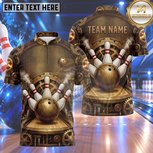 Maxcorners Bowling Steampunk Mechanical Gears Engine Wheels Industrial Metal Bowling Ball Strike Crashing Pins Multi Options Personalized Name, Team Name Unisex 3D Shirt (5 Colors)