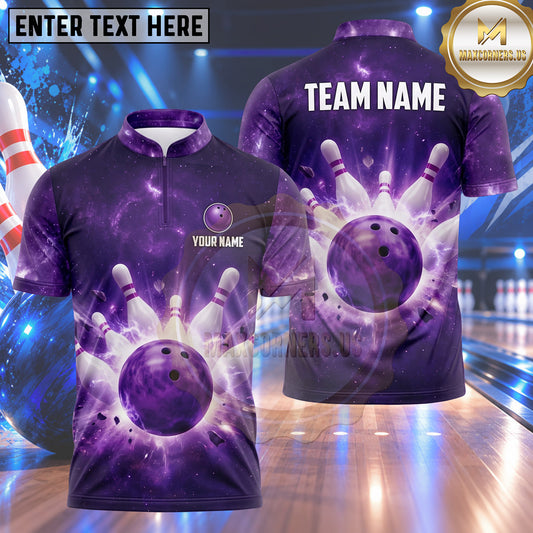 Maxcorners Bowling Galaxy Cosmic Nebula Energy Explosion Bowling Ball Strike Crashing Pins Multi Options Personalized Name, Team Name Unisex 3D Shirt (4 Colors)
