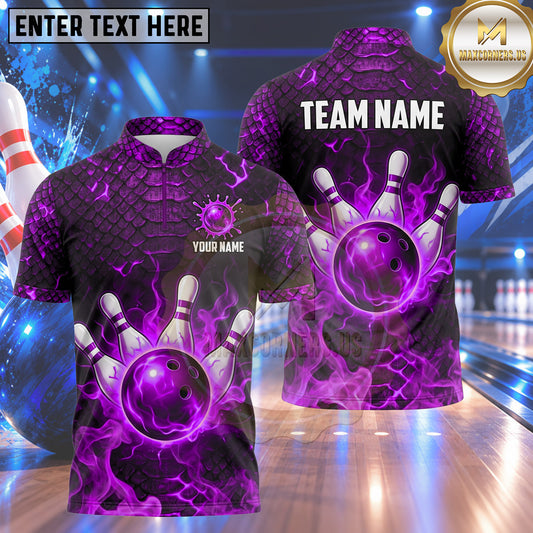 Maxcorners Bowling Snake Scale Texture Smoke Aura Flames Bowling Ball Strike Crashing Pins Multi Options Personalized Name, Team Name Unisex 3D Shirt (4 Colors)