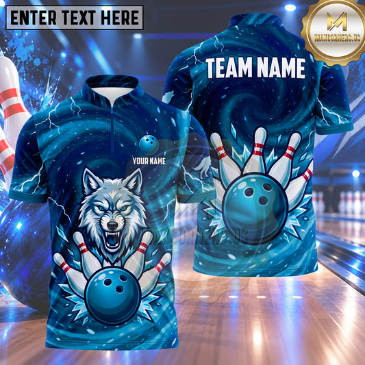 Maxcorners Bowling Fierce Roaring Wolf Head Lightning Bolt Vortex Shockwave Bowling Ball Strike Crashing Pins Multi Options Personalized Name, Team Name Unisex 3D Shirt (5 Colors)