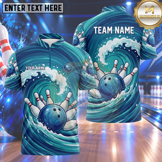 Maxcorners Bowling Ocean Waves Water Splash Swirls Bowling Ball Strike Crashing Pins Multi Options Personalized Name, Team Name Unisex 3D Shirt (4 Colors)