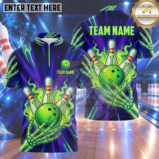 Maxcorners Bowling Skeleton Bone Hand Claw Flame Aura Bowling Ball Strike Crashing Pins Multi Options Personalized Name, Team Name Unisex 3D Shirt (4 Colors)