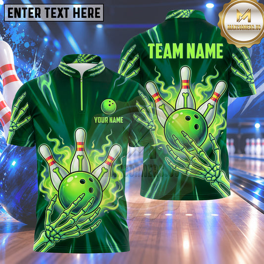 Maxcorners Bowling Skeleton Bone Hand Claw Flame Aura Bowling Ball Strike Crashing Pins Multi Options Personalized Name, Team Name Unisex 3D Shirt (4 Colors)