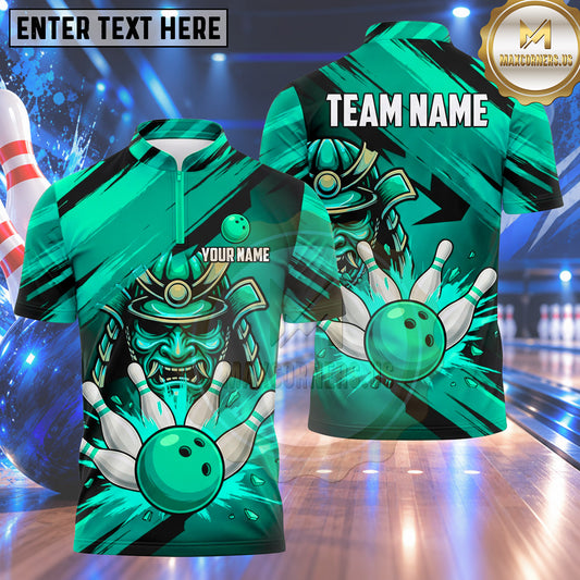 Maxcorners Bowling Japanese Samurai Warrior Mask Helmet Splash Motion Bowling Ball Strike Crashing Pins Multi Options Personalized Name, Team Name Unisex 3D Shirt (4 Colors)