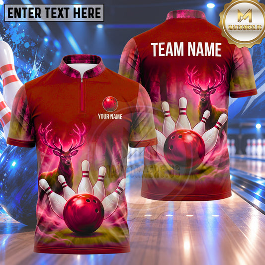 Maxcorners Bowling Majestic Stag Deer Antlers Fog Forest Mist Bowling Ball Strike Crashing Pins Multi Options Personalized Name, Team Name Unisex 3D Shirt (4 Colors)