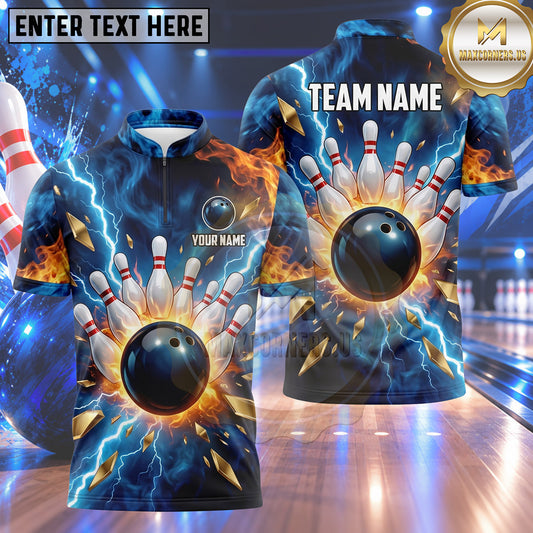 Maxcorners Bowling Inferno Flames Electric Lightning Shattered Crystal Rocks Bowling Ball Strike Crashing Pins Multi Options Personalized Name, Team Name Unisex 3D Shirt (4 Colors)