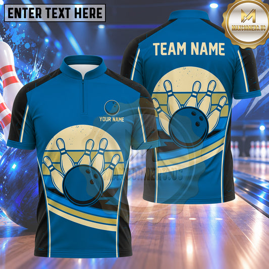 Maxcorners Bowling Vintage Retro Sunset Striped Badge Horizon Curved Lines Bowling Ball Strike Crashing Pins Multi Options Personalized Name, Team Name Unisex 3D Shirt (5 Colors)