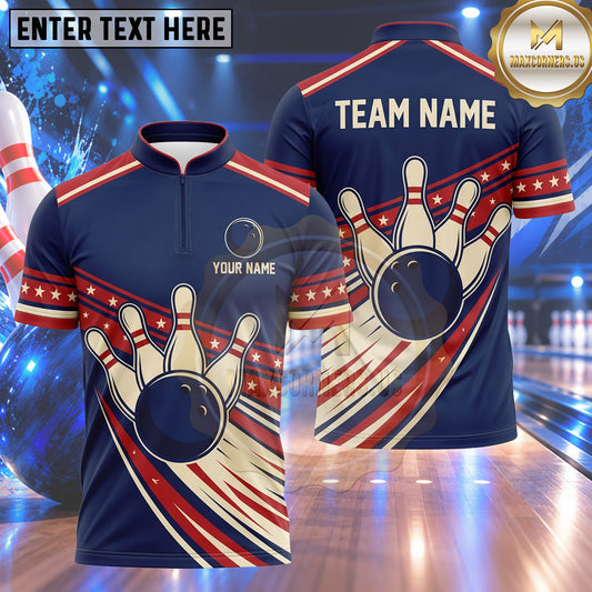 Maxcorners Bowling Patriotic Stars Stripes Racing Motion Lines Bowling Ball Strike Crashing Pins Multi Options Personalized Name, Team Name Unisex 3D Shirt (4 Colors)