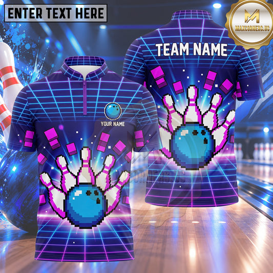 Maxcorners Bowling Retro 8-Bit Pixel Art Cyberpunk Grid Matrix Bowling Ball Strike Crashing Pins Multi Options Personalized Name, Team Name Unisex 3D Shirt (4 Colors)