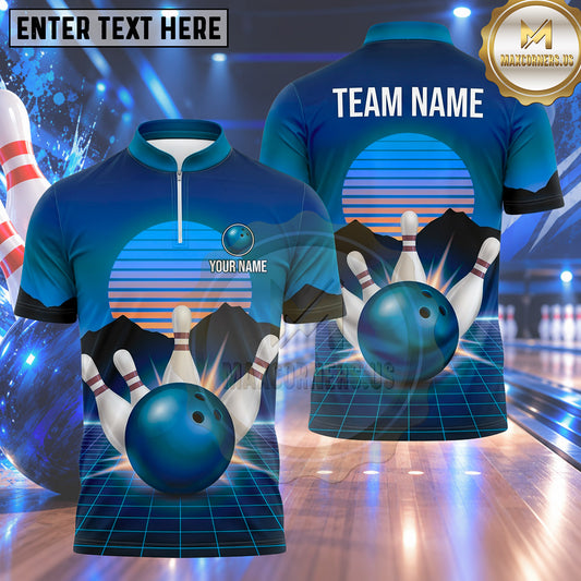 Maxcorners Bowling Synthwave Retro Sunset Mountain Horizon Cyber Grid Bowling Ball Strike Crashing Pins Multi Options Personalized Name, Team Name Unisex 3D Shirt (4 Colors)