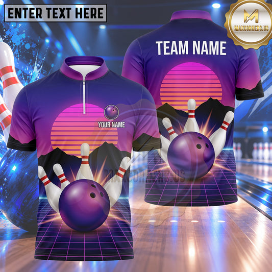 Maxcorners Bowling Synthwave Retro Sunset Mountain Horizon Cyber Grid Bowling Ball Strike Crashing Pins Multi Options Personalized Name, Team Name Unisex 3D Shirt (4 Colors)