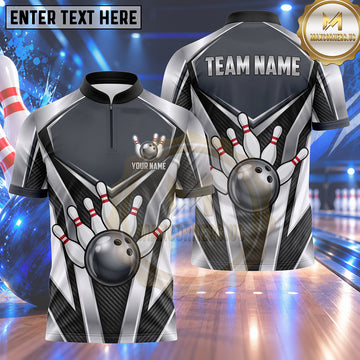 Maxcorners Bowling Modern Sleek Geometric Chevron Stripes Carbon Fiber Texture Bowling Ball Strike Crashing Pins Multi Options Personalized Name, Team Name Unisex 3D Shirt