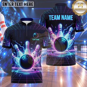 Maxcorners Bowling Cyberpunk Synthwave Neon Grid Circuit Board Electric Shockwave Bowling Ball Strike Crashing Pins Multi Options Personalized Name, Team Name Unisex 3D Shirt
