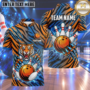 Maxcorners Bowling Fierce Roaring Tiger Head Claw Marks Lightning Strike Tiger Fur Pattern Bowling Ball Crashing Pins Multi Options Personalized Name, Team Name Unisex 3D Shirt