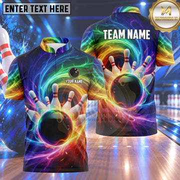 Maxcorners Bowling Cosmic Energy Vortex Aurora Plasma Swirls Bowling Ball Strike Crashing Pins Multi Options Personalized Name, Team Name Unisex 3D Shirt