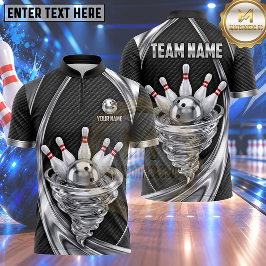 Maxcorners Bowling Metallic Tornado Cyclone Vortex Carbon Fiber Texture Bowling Ball Strike Crashing Pins Multi Options Personalized Name, Team Name Unisex 3D Shirt