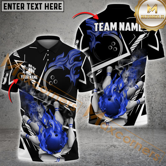 Maxcorners Bowling Ball & Pins Fire Bowling Ball Pattern Personalized Name, Team Name 3D Polo Shirt (4 Colors)