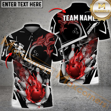 Maxcorners Bowling Ball & Pins Fire Bowling Ball Pattern Personalized Name, Team Name 3D Polo Shirt (4 Colors)