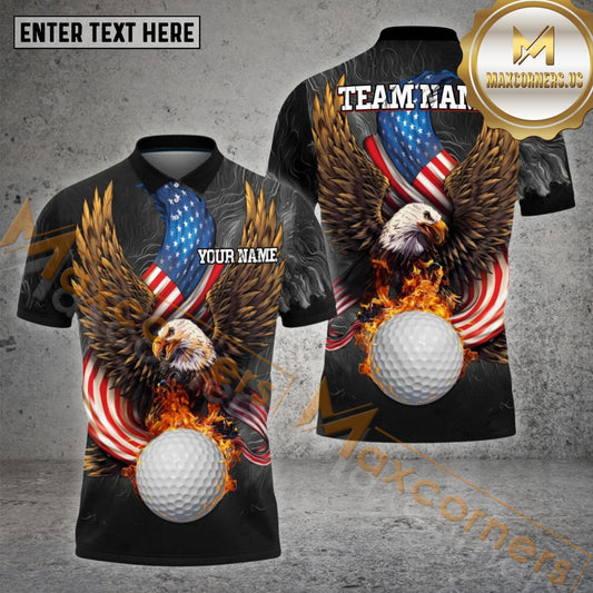 Max Corner Golf Customized Name Fire Eagle American Flag Ball Pattern Multicolor Sport Jersey Pattern Custom 3D Polo Shirt (4 Colors)