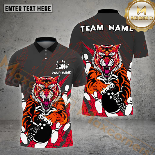 Maxcorner Bowling Ball & Pins Tiger Dotted Pattern Multicolor Option Customized Name 3D Shirt (4 Colors)