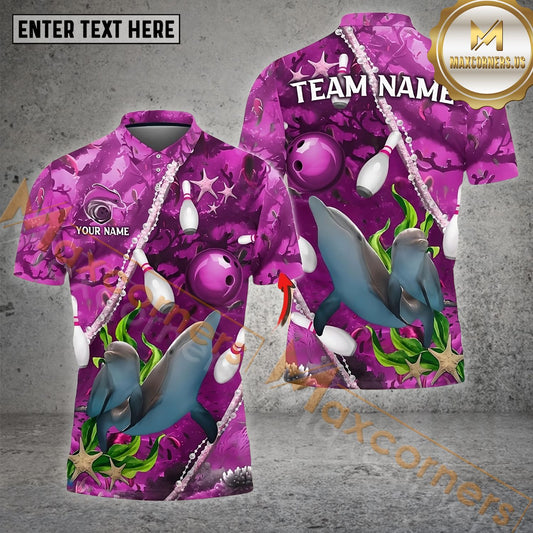 Maxcorners Bowling & Pins Dolphin Of The Sea Multicolor Option Customized Name, Team Name 3D Polo Shirt (4 Colors)
