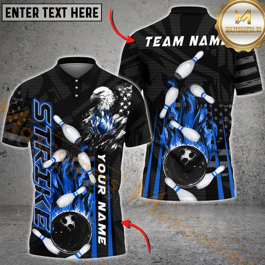 Maxcorners Bowling Ball & Pins Strike Bowling Eagle American Flag Pattern Multicolor Option Customized Name 3D Shirt (4 Colors)