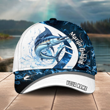 Maxcorners Marlin Fishing Blue Flame Sport Customized Name 3D Cap
