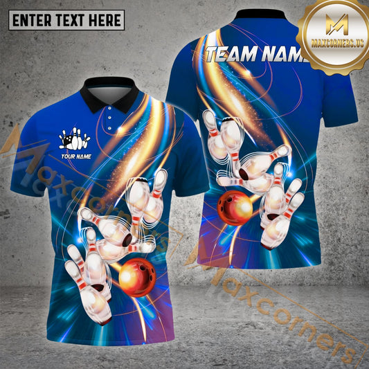 Maxcorners Bowling & Pins Shine Light Wave Pattern  Multicolor Option Customized Name, Team Name 3D Polo Shirt (4 Colors)