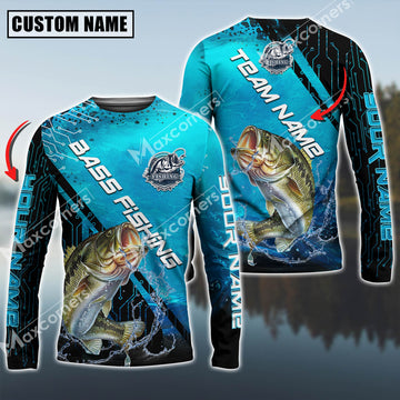 Maxcorners Bass Fishing Technology Pattern Personalized Name, Team Name Long Sleeve Shirt