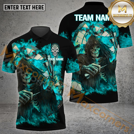 Maxcorners Darts Flame Broken Dartboard Skull Reaper Multicolor Options Personalized Name, Team Name 3D Polo Shirt (4 Colors)