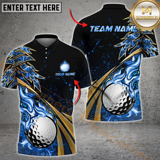 Maxcorners Golf Fire Golden Line Premium Multicolor Option Customized Name, Team Name 3D Polo Shirt (6 Colors)