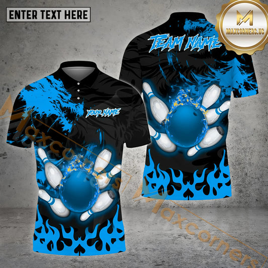 Maxcorners Dragon And Fire Bowling Ball & Pins Personalized Name, Team Name 3D Polo Shirt (4 Colors)
