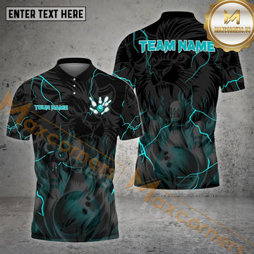 Maxcorners Lion Bowling Ball & Pins Thunder Pattern With Fire Bowling Ball Pattern Personalized Name, Team Name 3D Polo Shirt (4 Colors)