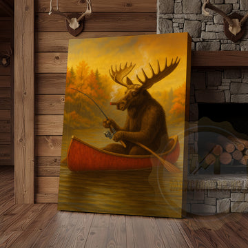 Maxcorners Moose Fishing with Cigar Autumn Lake Cabin Art Wrapped Canvas