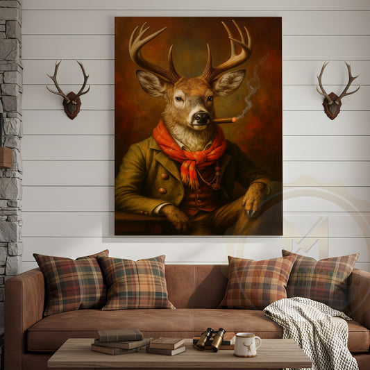 Maxcorners Deer Gentleman Smoking Cigar Vintage Lodge Decor Wrapped Canvas