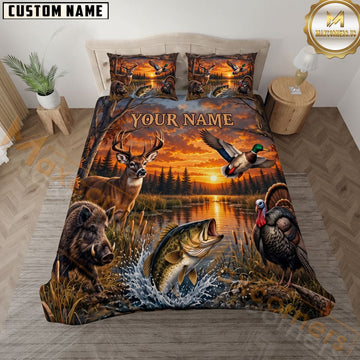 Maxcorners Hunting And Fishing Wildlife Sunset Deer Bass Duck Turkey Personalized Name 3D Bedding Set